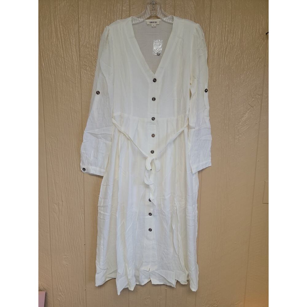 Fashion On Earth Long Sleeve Button Front Maxi Dress Oatmeal Lightweight
